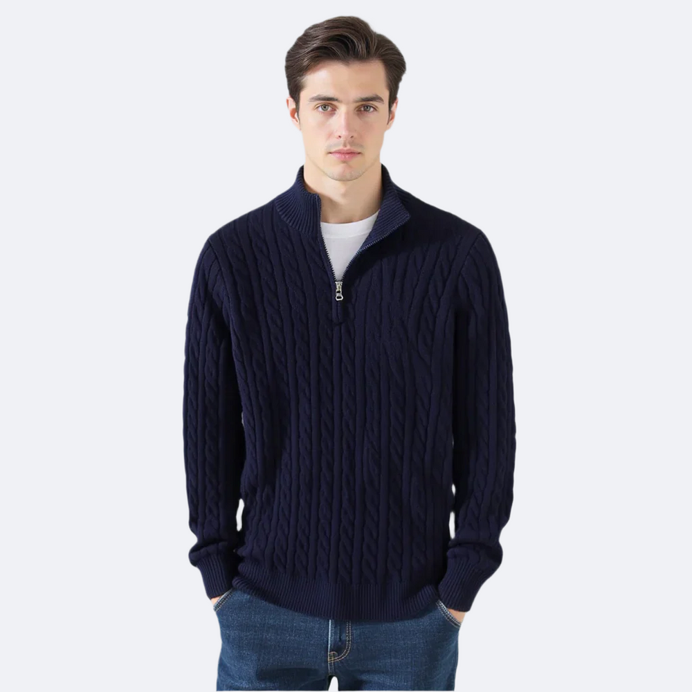 Men's Cable Knit Quarter Zip Sweater – Stand Collar Long Sleeve Casual Wear