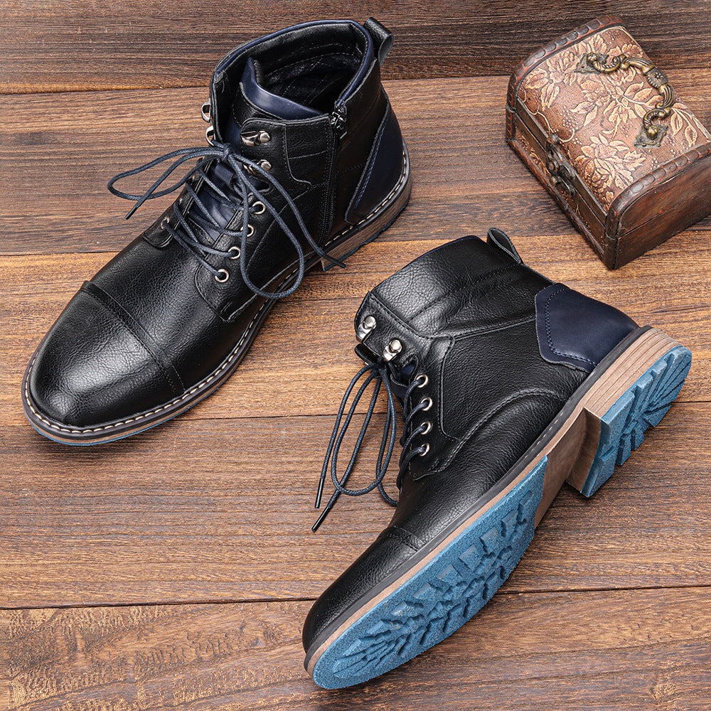Men's Cap Toe Ankle Boots – Lace Up Side Zip Block Heel Casual