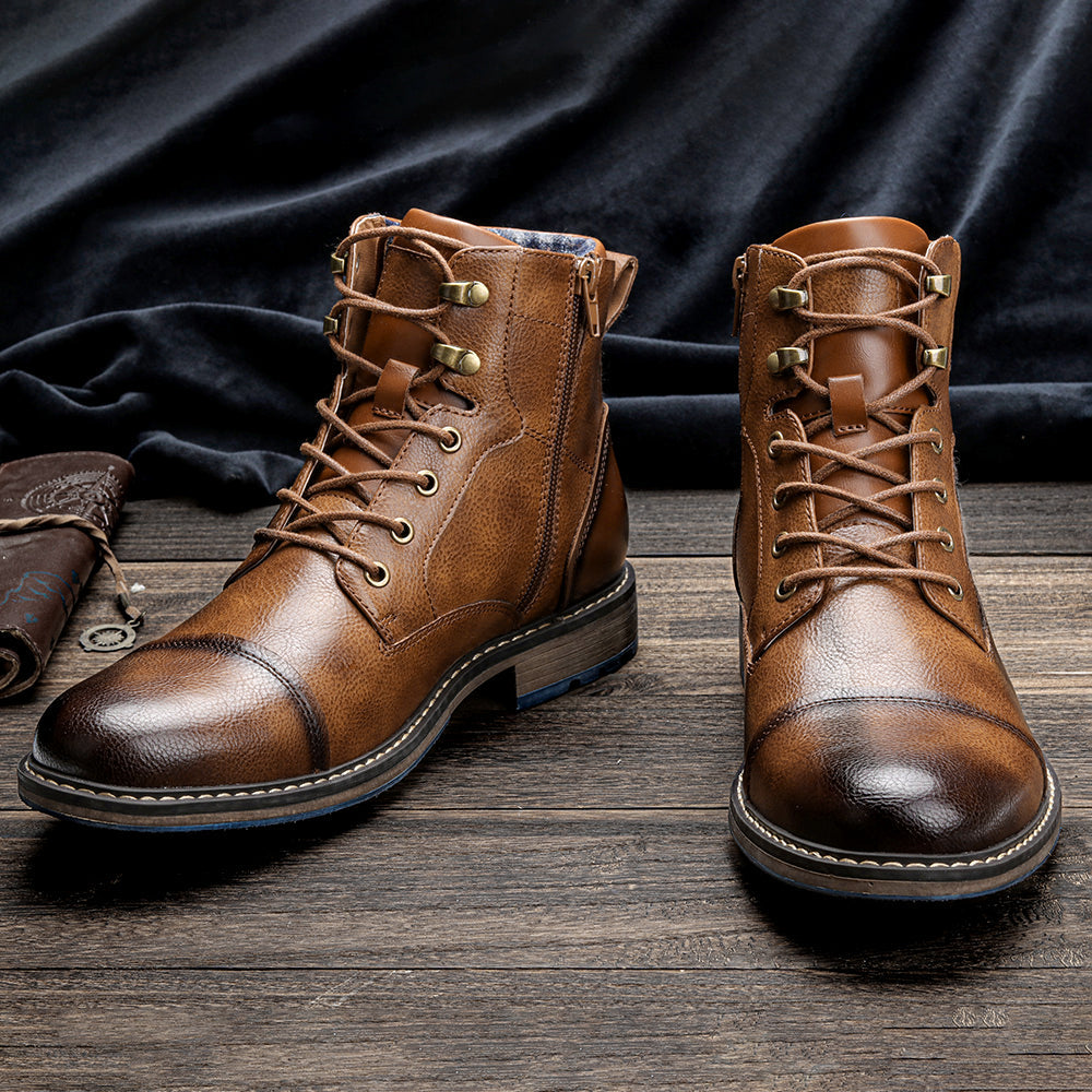 Men's Cap Toe Ankle Boots – Lace Up Side Zip Block Heel Casual