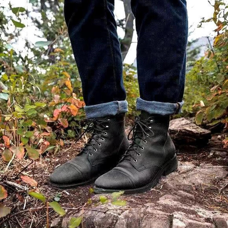 Men's Cap Toe Lace Up Ankle Boots – Low Block Heel Everyday Casual