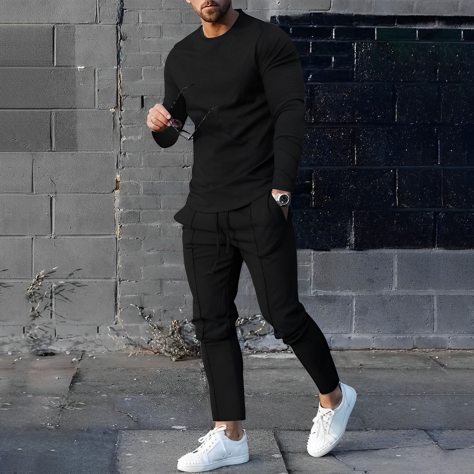 Men's Casual 2-Piece Lounge Set – Crew Neck Long Sleeve Drawstring Jogger