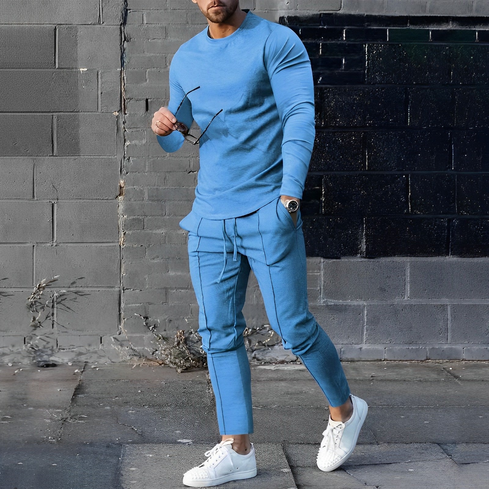 Men's Casual 2-Piece Lounge Set – Crew Neck Long Sleeve Drawstring Jogger