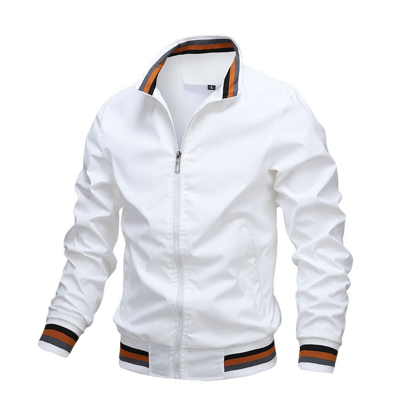 Men's Casual Bomber Jacket – Stand Collar Zip Front Striped Ribbed Trim