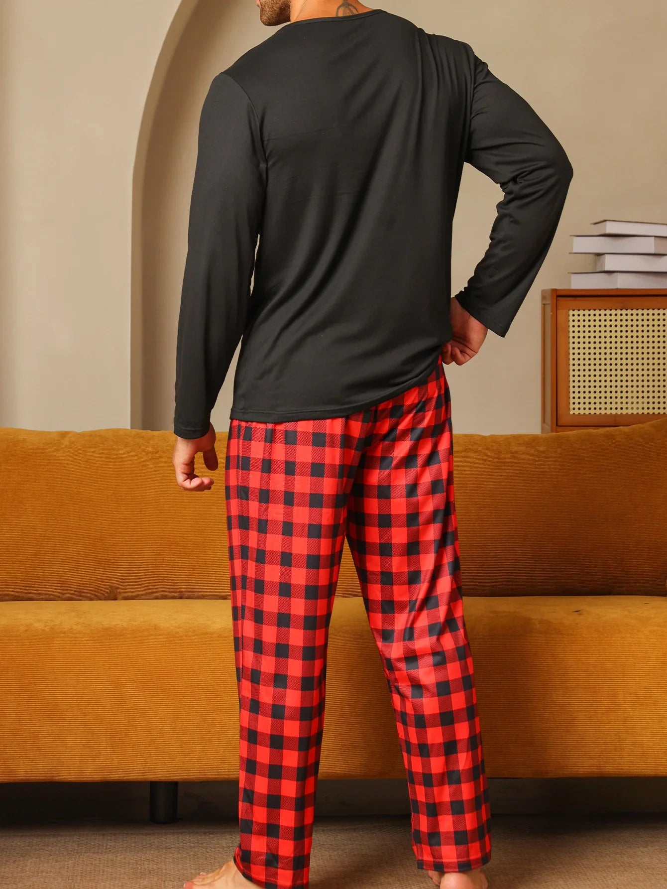 Men's Check Pajama Set – Crew Neck Long Sleeve Chest Pocket Nightwear