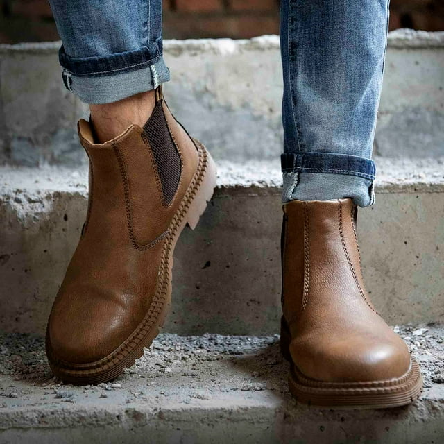 Men's Chelsea Slip On Work Boots – Elastic Side Panel Lug Sole Outdoor