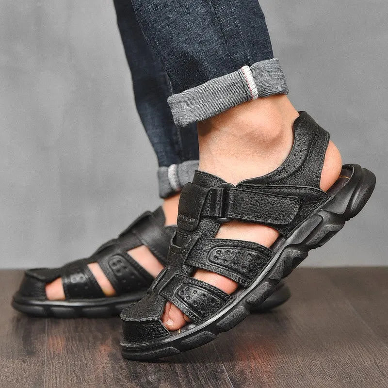 Men's Closed Toe Sandals – Hook Loop Ankle Strap Cutout Upper Summer Casual