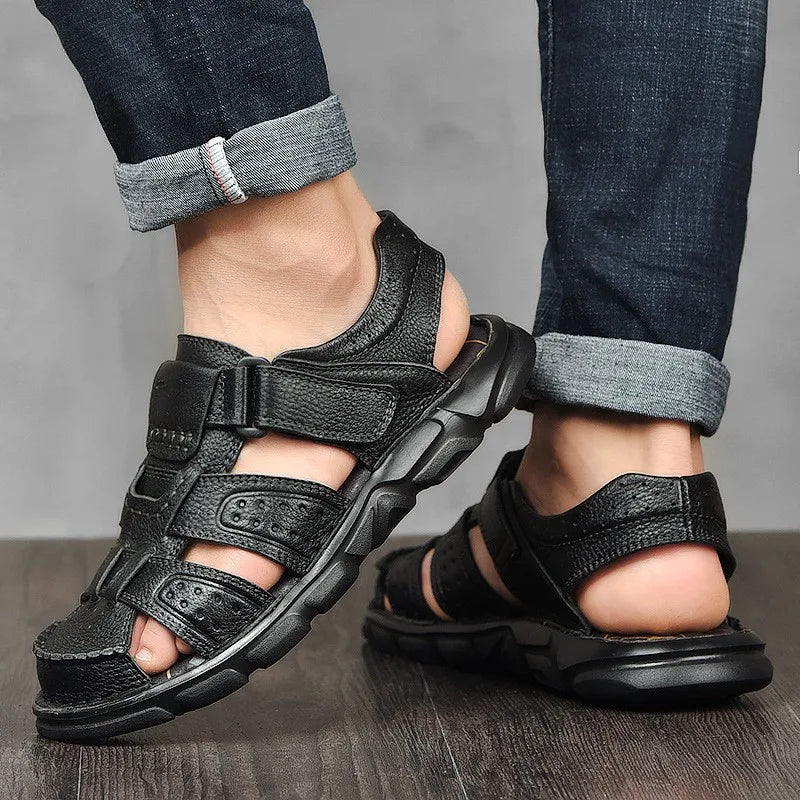 Men's Closed Toe Sandals – Hook Loop Ankle Strap Cutout Upper Summer Casual