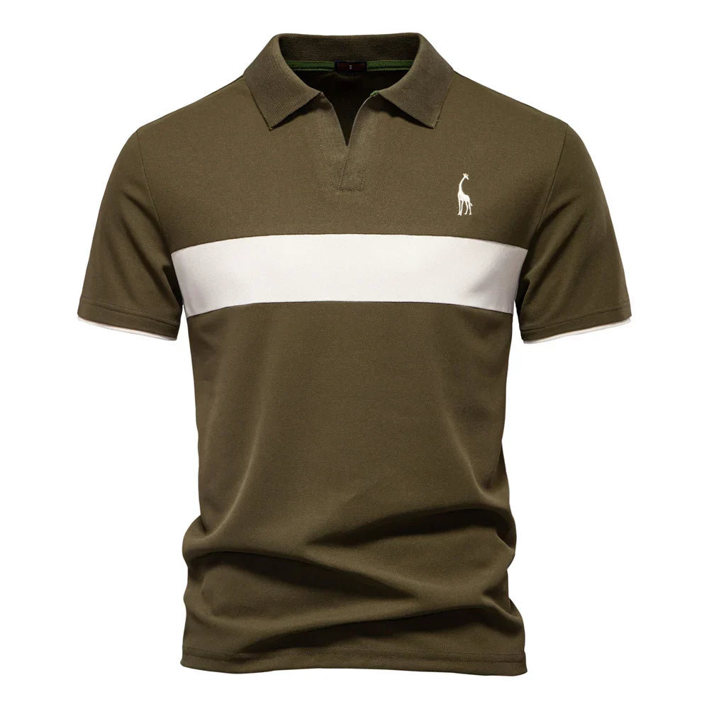 Men's Color Block Polo Shirt – Open Placket Embroidered Giraffe Golf