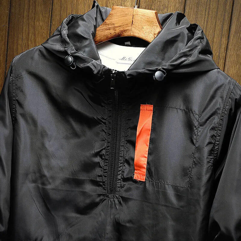 Men's Color Block Windbreaker Jacket – Hooded Half Zip Pullover Kangaroo Pocket
