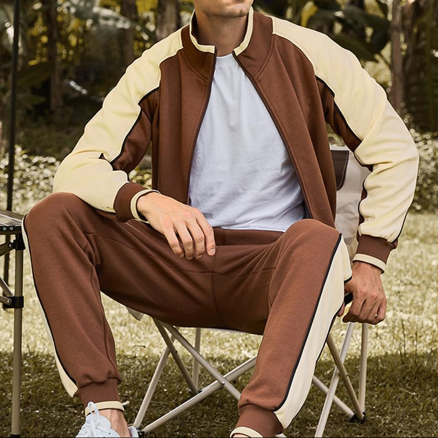 Men's Color Block Zip Up Tracksuit – Stand Collar Jacket Jogger Pants Set