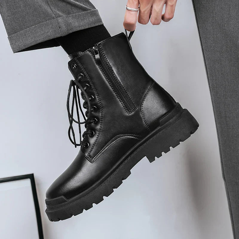 Men's Combat Style Ankle Boots – Lace Up Side Zip Lug Sole Casual