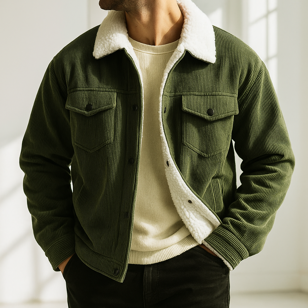 Men's Corduroy Jacket – Sherpa Collar Snap Button Chest Pocket Casual