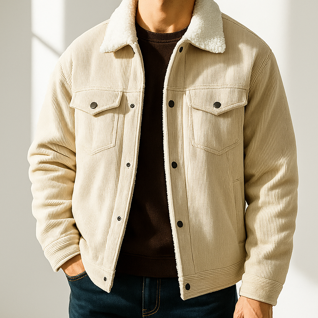 Men's Corduroy Jacket – Sherpa Collar Snap Button Chest Pocket Casual