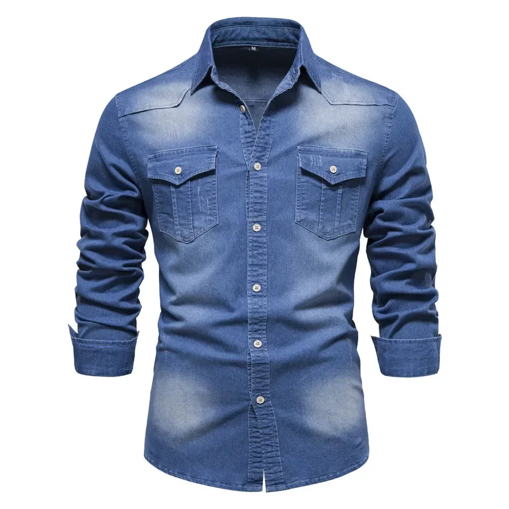 Men's Denim Long Sleeve Shirt – Dual Chest Pocket Button Down Casual
