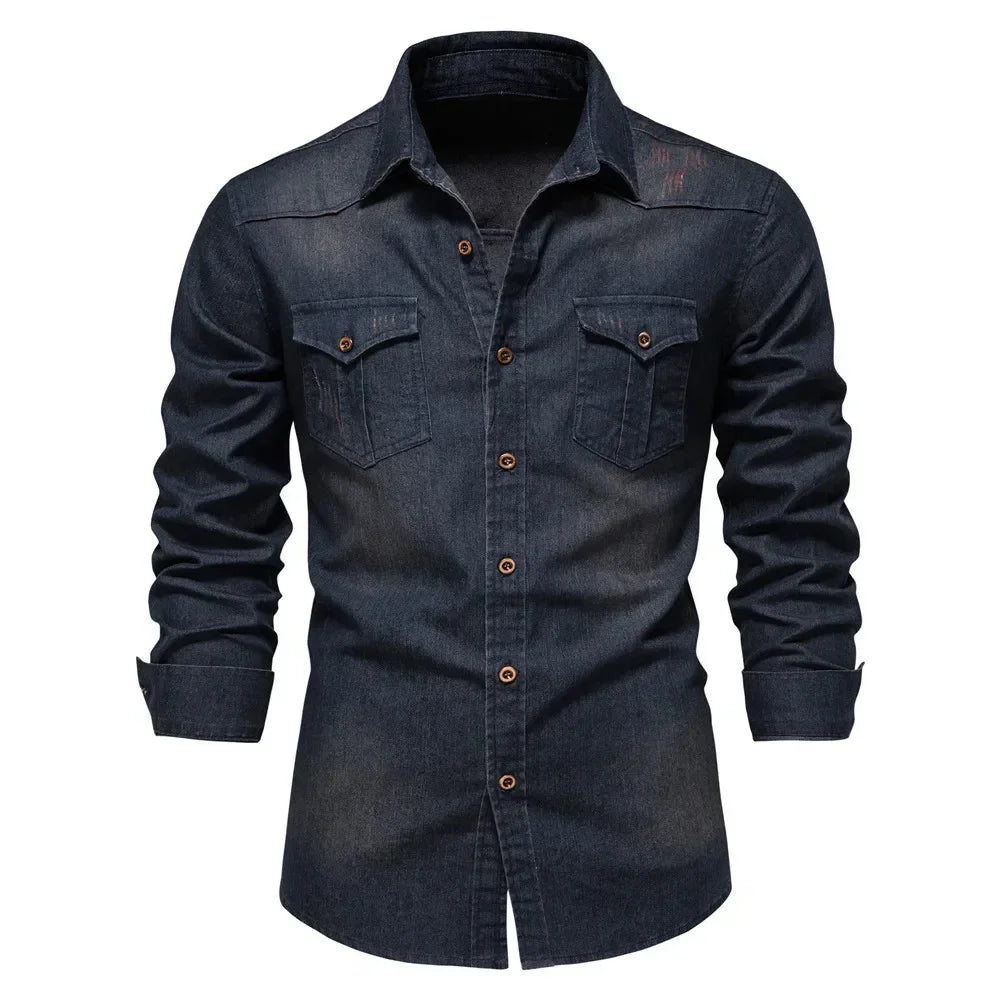 Men's Denim Long Sleeve Shirt – Dual Chest Pocket Button Down Casual