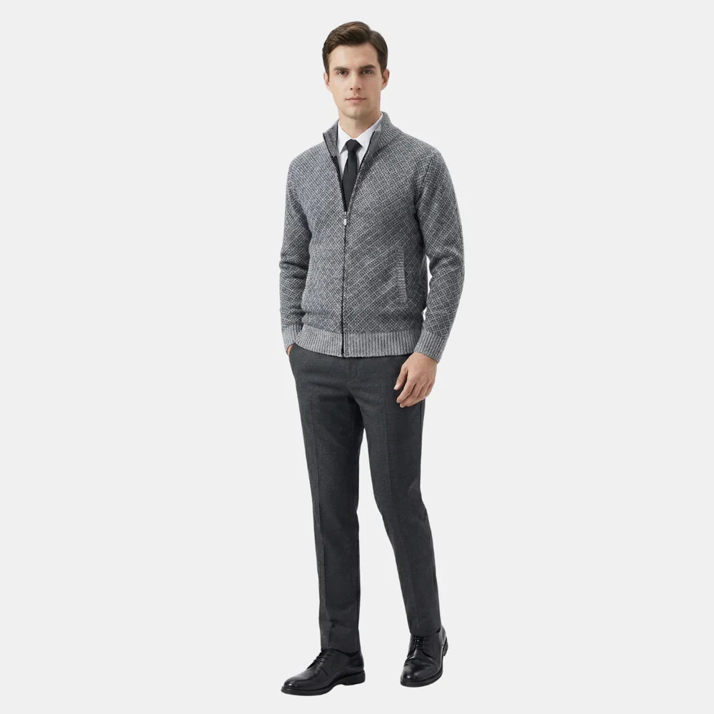 Men's Diamond Knit Full Zip Cardigan – Stand Collar Long Sleeve Smart Casual