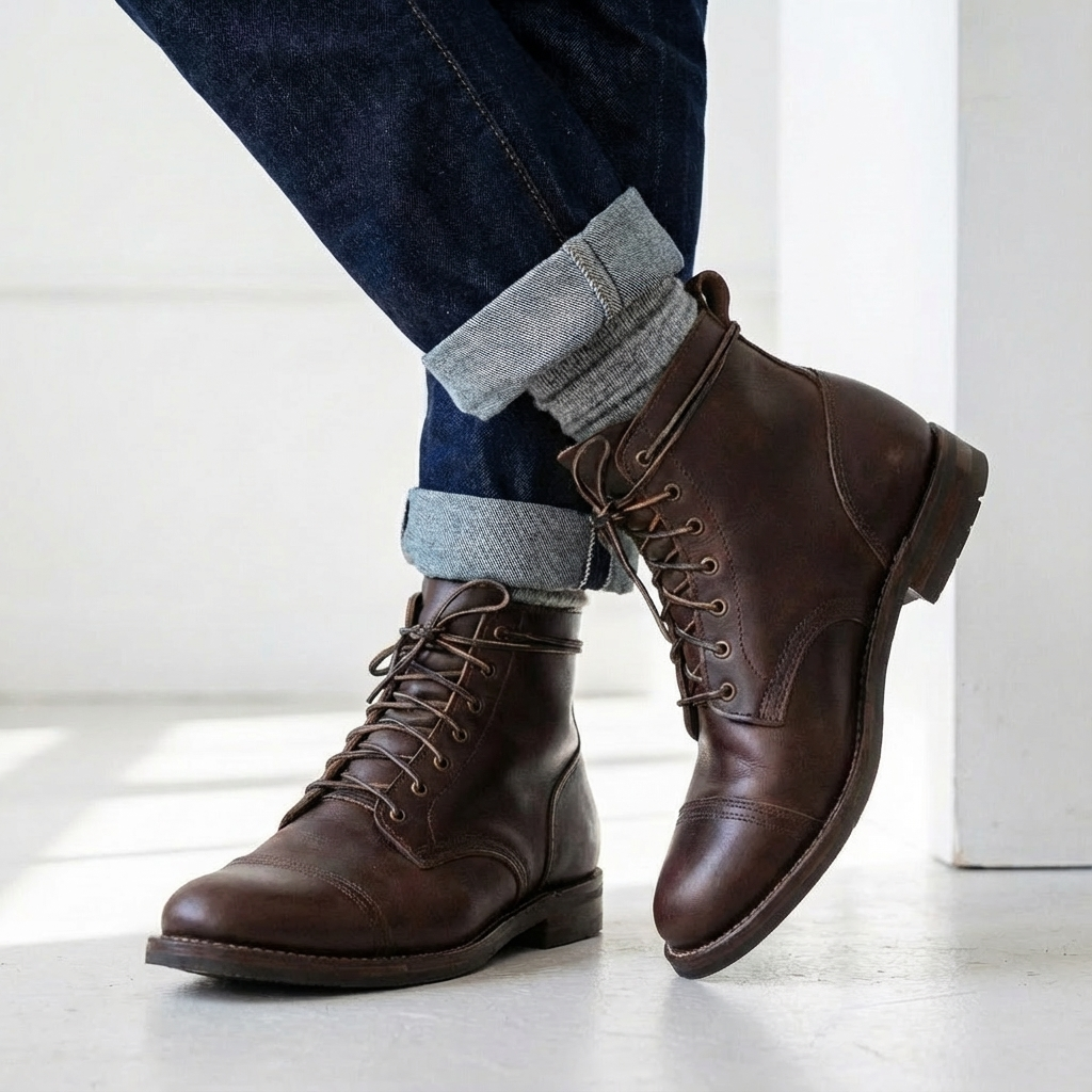Men's Distressed Finish Cap Toe Ankle Boots – Lace Up Stacked Heel Casual
