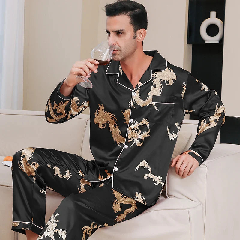 Men's Dragon Print Pajama Set – Notch Collar Button Front Nightwear