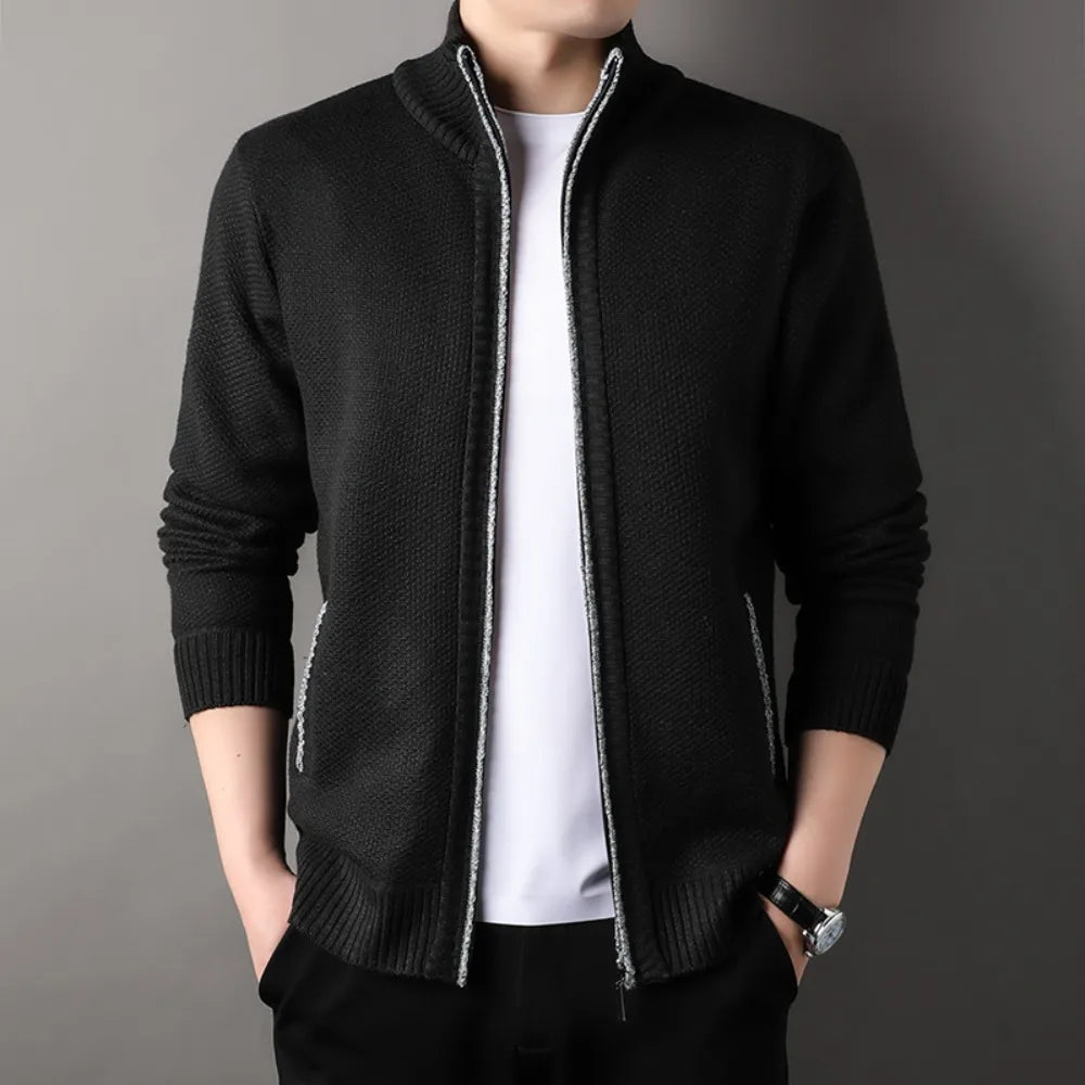 Men's Full Zip Stand Collar Knit Cardigan – Slash Pocket Long Sleeve Casual