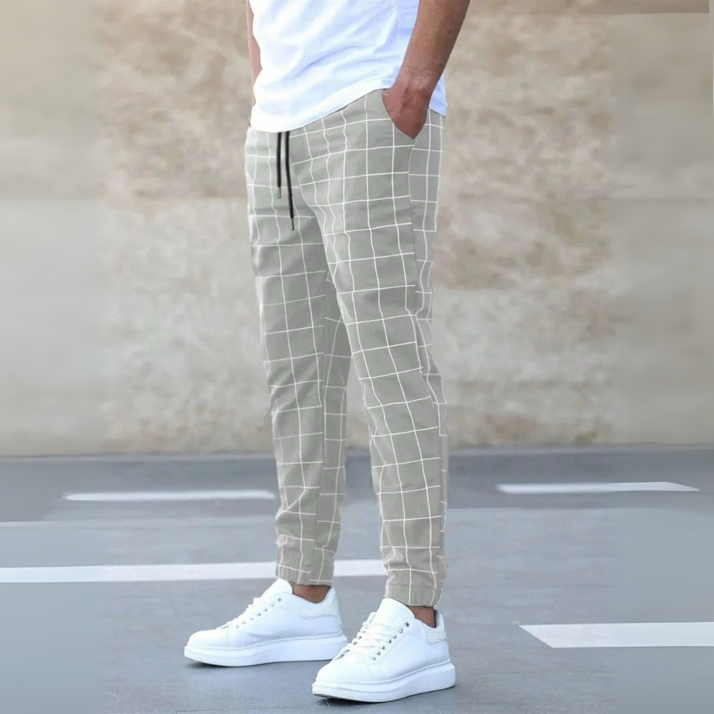 Men's Grid Print Jogger Pants – Drawstring Tapered Ankle Cuff Casual Street