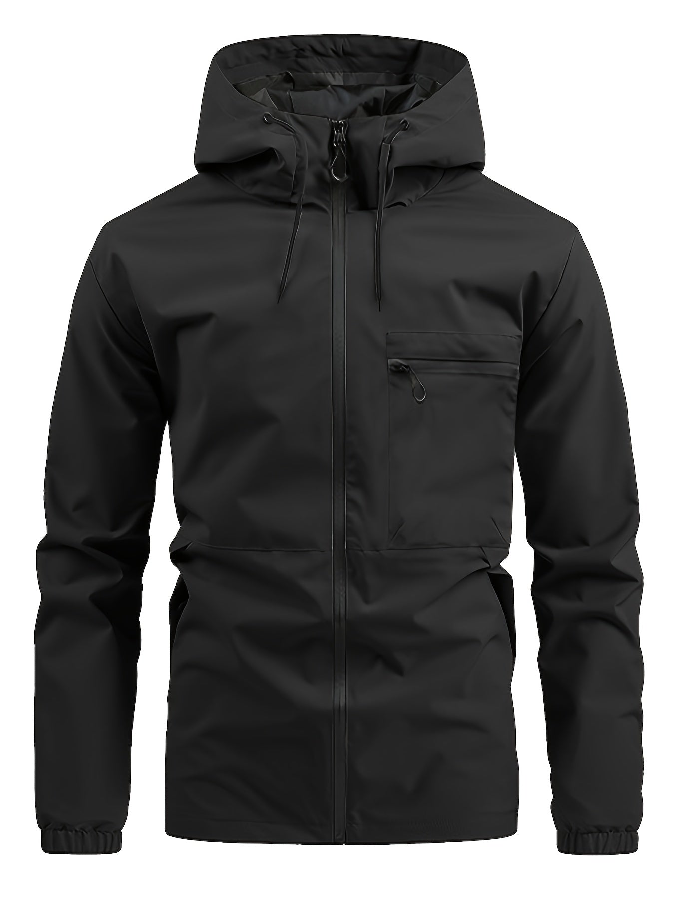 Men's Hooded Zip Front Windbreaker Jacket – Chest Pocket Long Sleeve Outdoor Wear