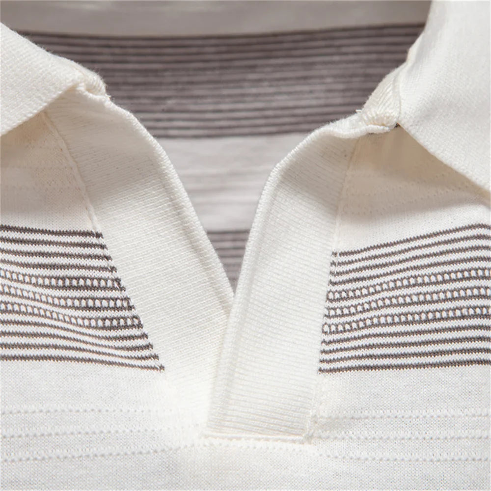 Men's Horizontal Stripe Knit Polo – Open Placket Short Sleeve Golf Casual