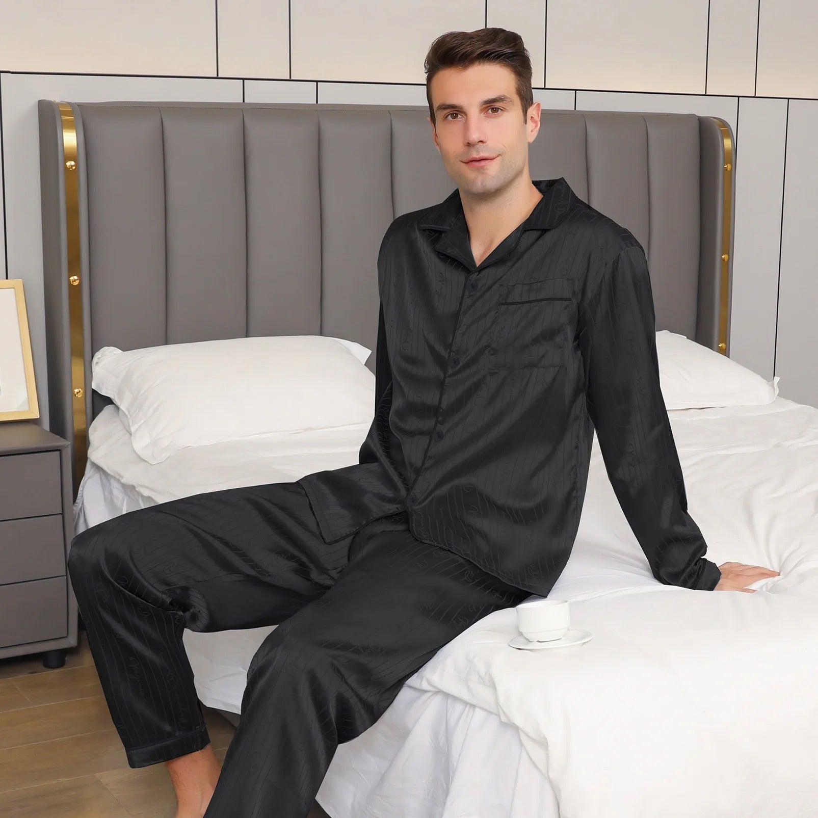 Men's Jacquard Stripe Pajama Set – Notch Collar Button Front Nightwear