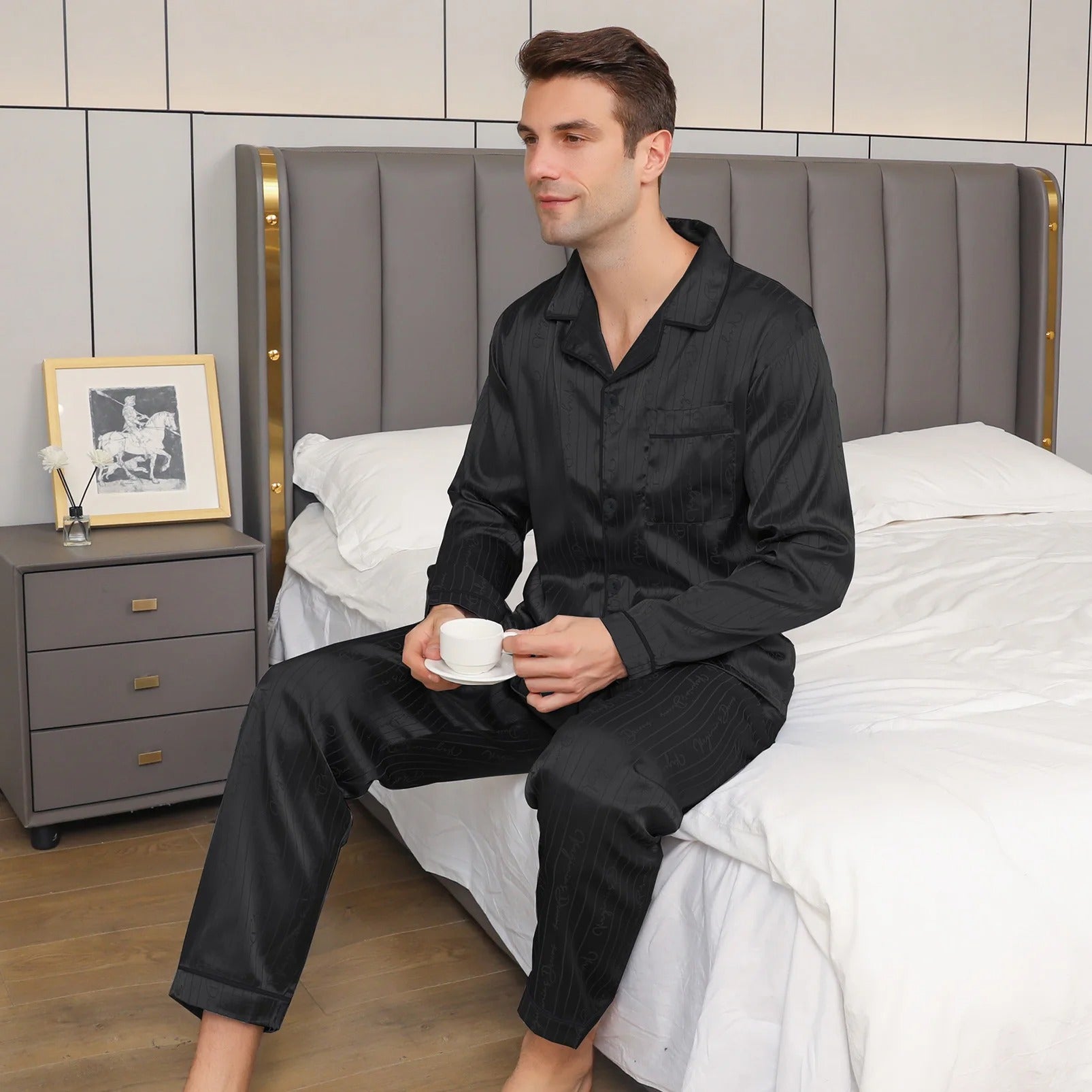 Men's Jacquard Stripe Pajama Set – Notch Collar Button Front Nightwear