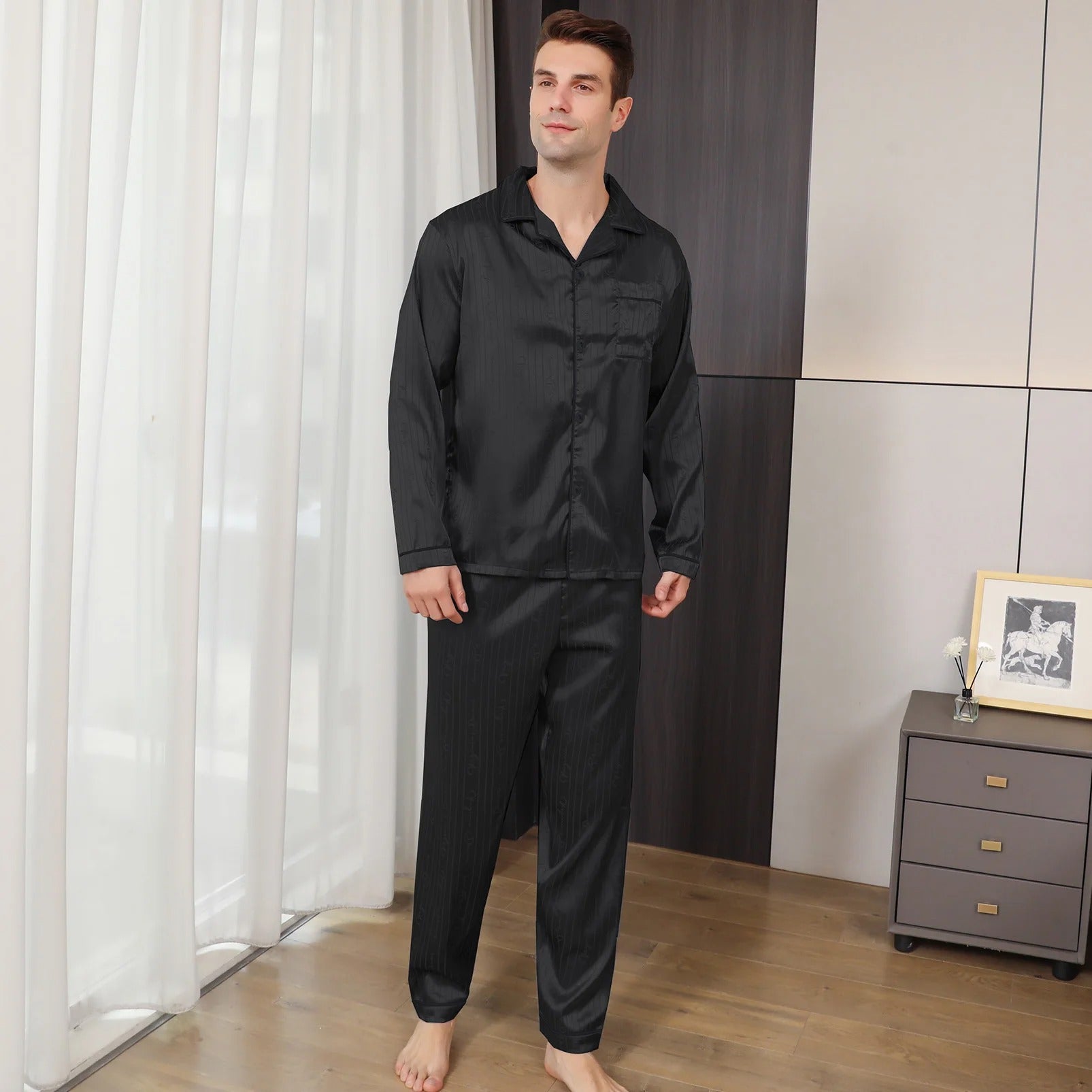 Men's Jacquard Stripe Pajama Set – Notch Collar Button Front Nightwear