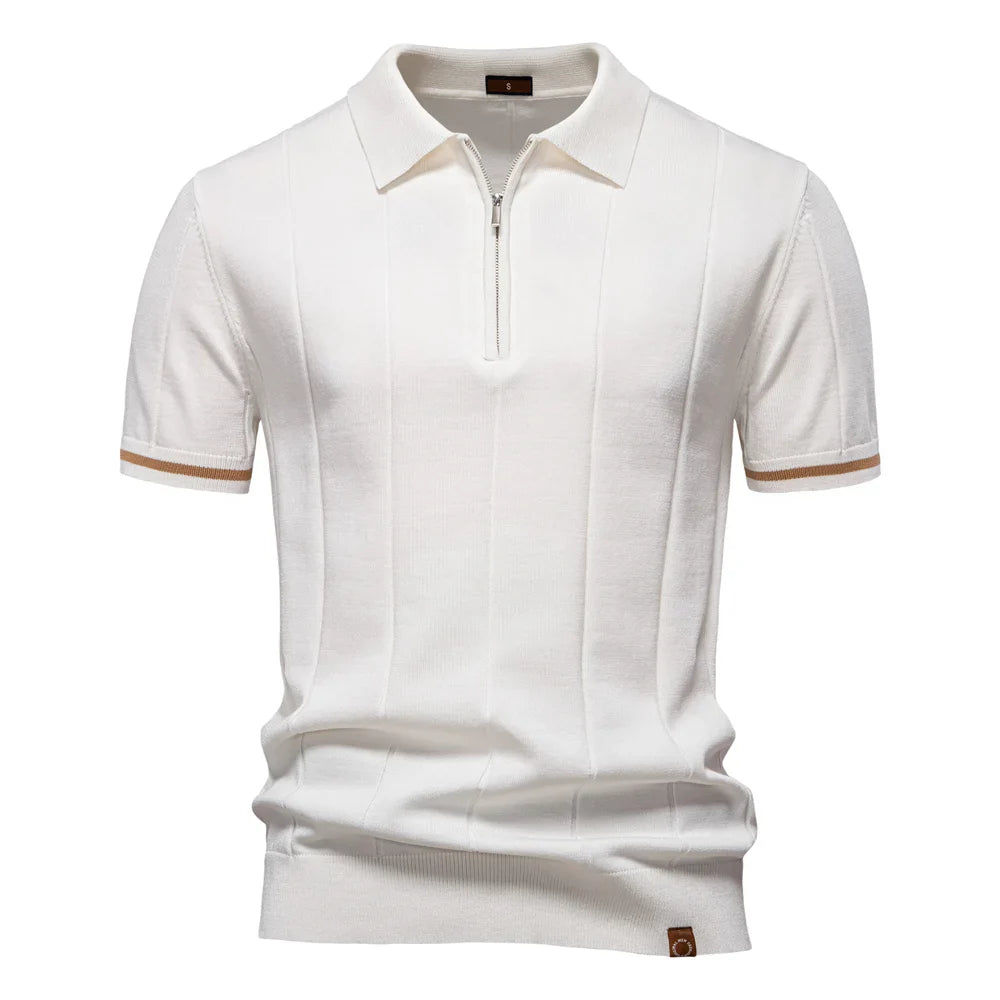 Men's Knit Striped Quarter Zip Polo – Short Sleeve Contrast Cuff Golf