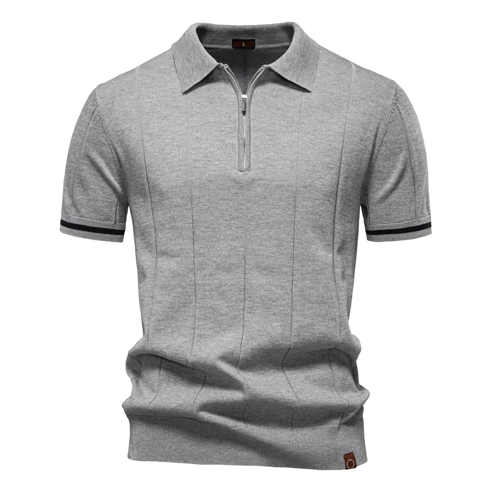 Men's Knit Striped Quarter Zip Polo – Short Sleeve Contrast Cuff Golf