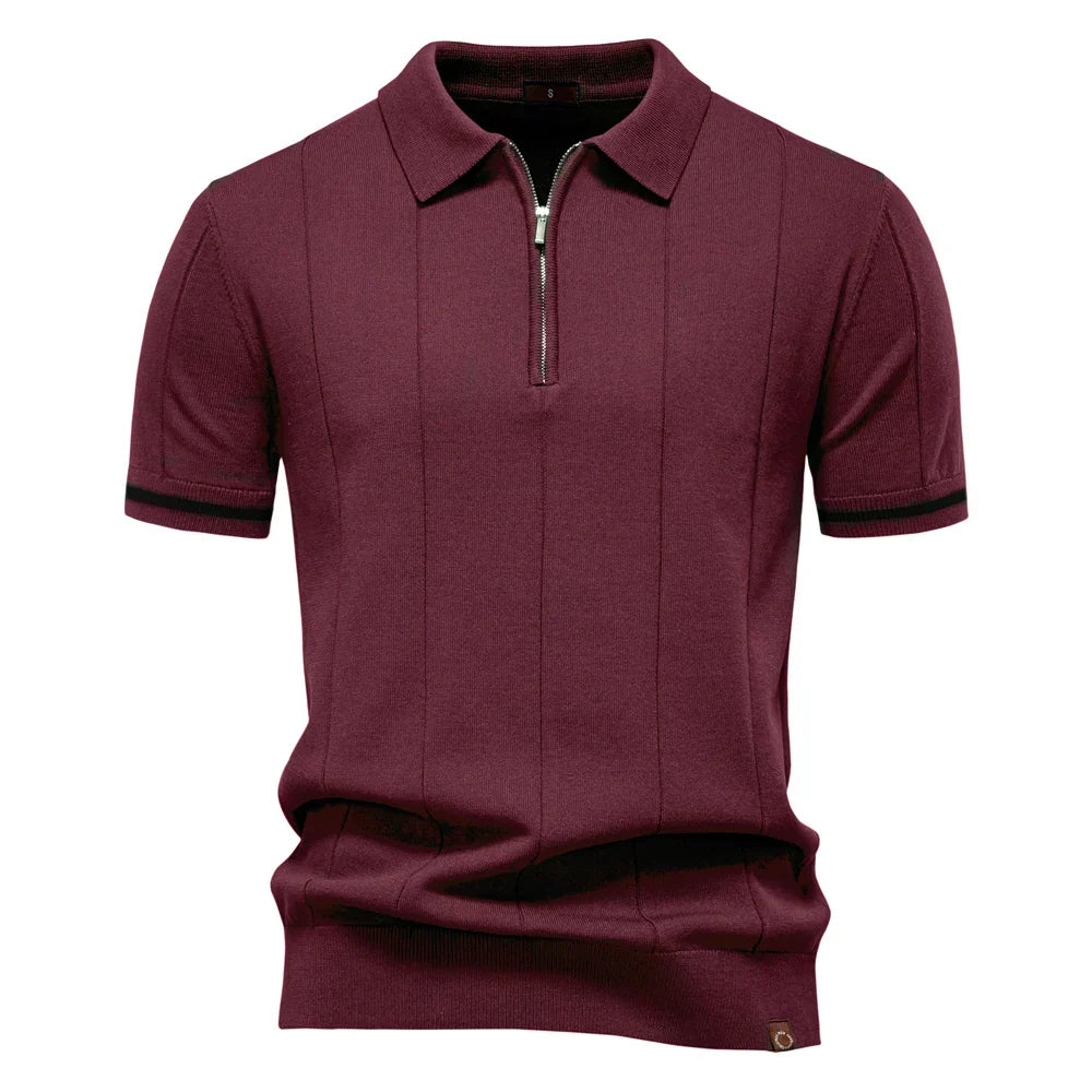 Men's Knit Striped Quarter Zip Polo – Short Sleeve Contrast Cuff Golf