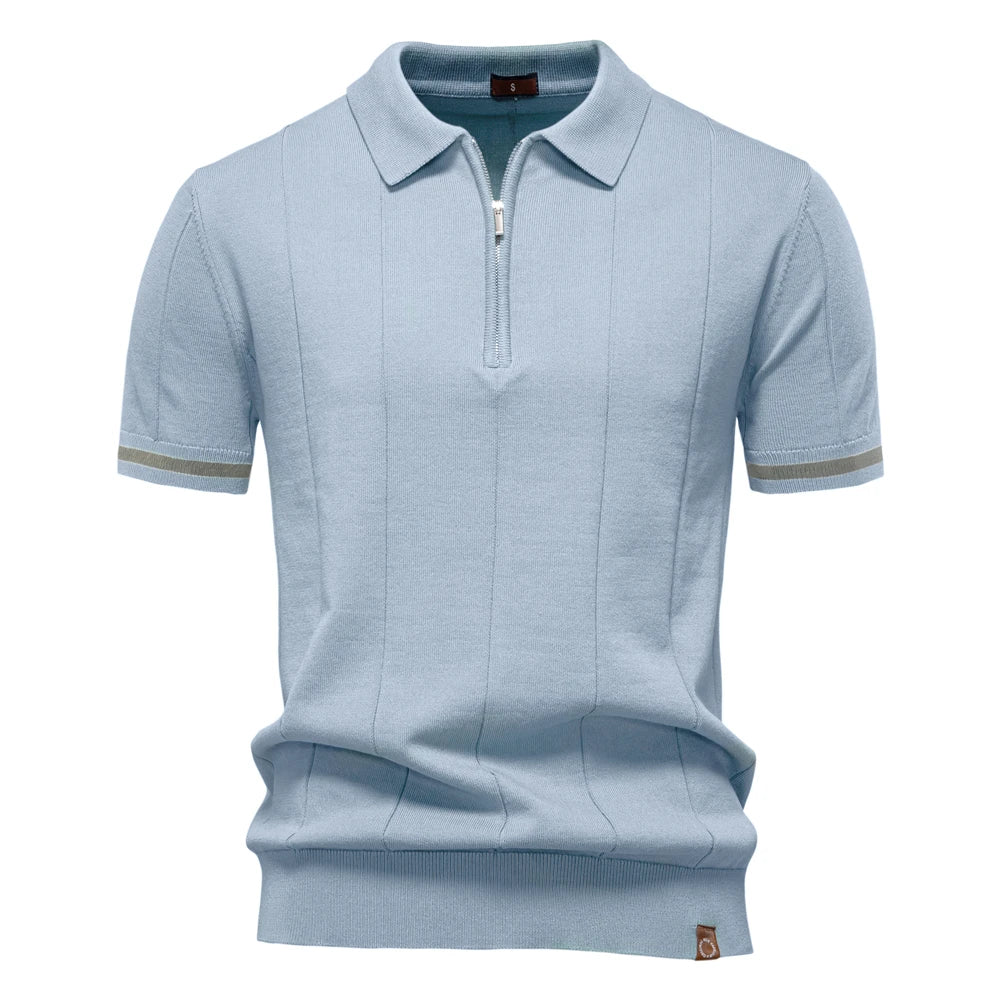 Men's Knit Striped Quarter Zip Polo – Short Sleeve Contrast Cuff Golf