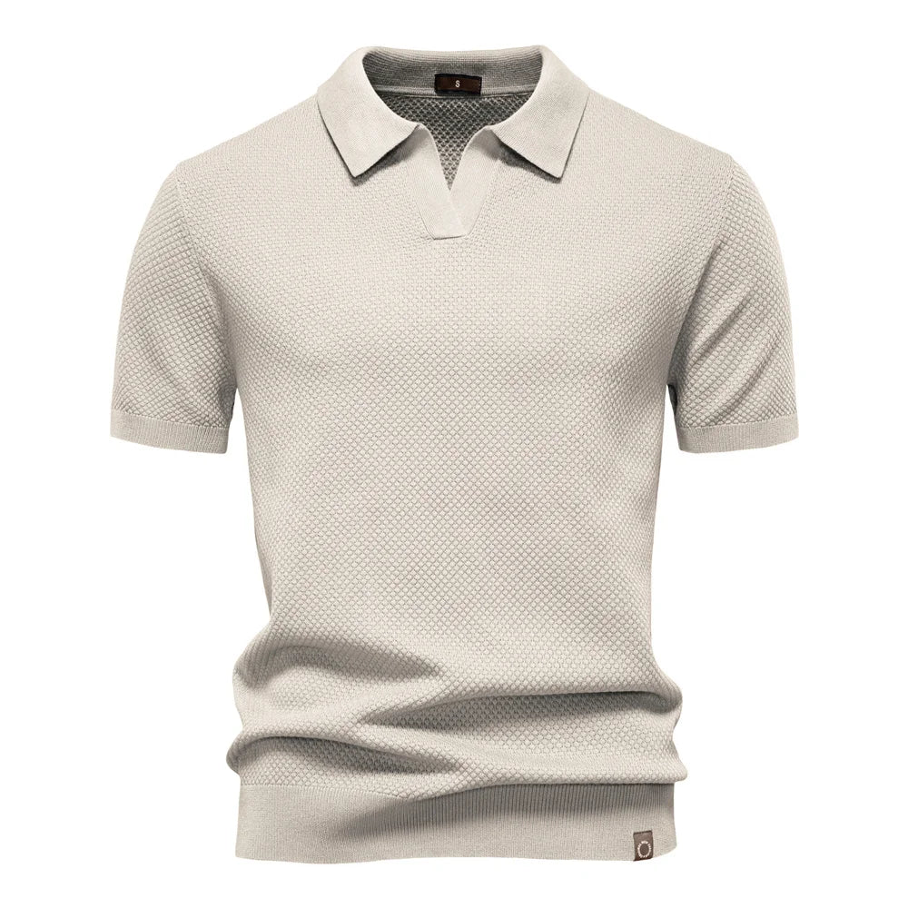Men's Knit Textured Polo Shirt – Buttonless Open Collar Short Sleeve Golf