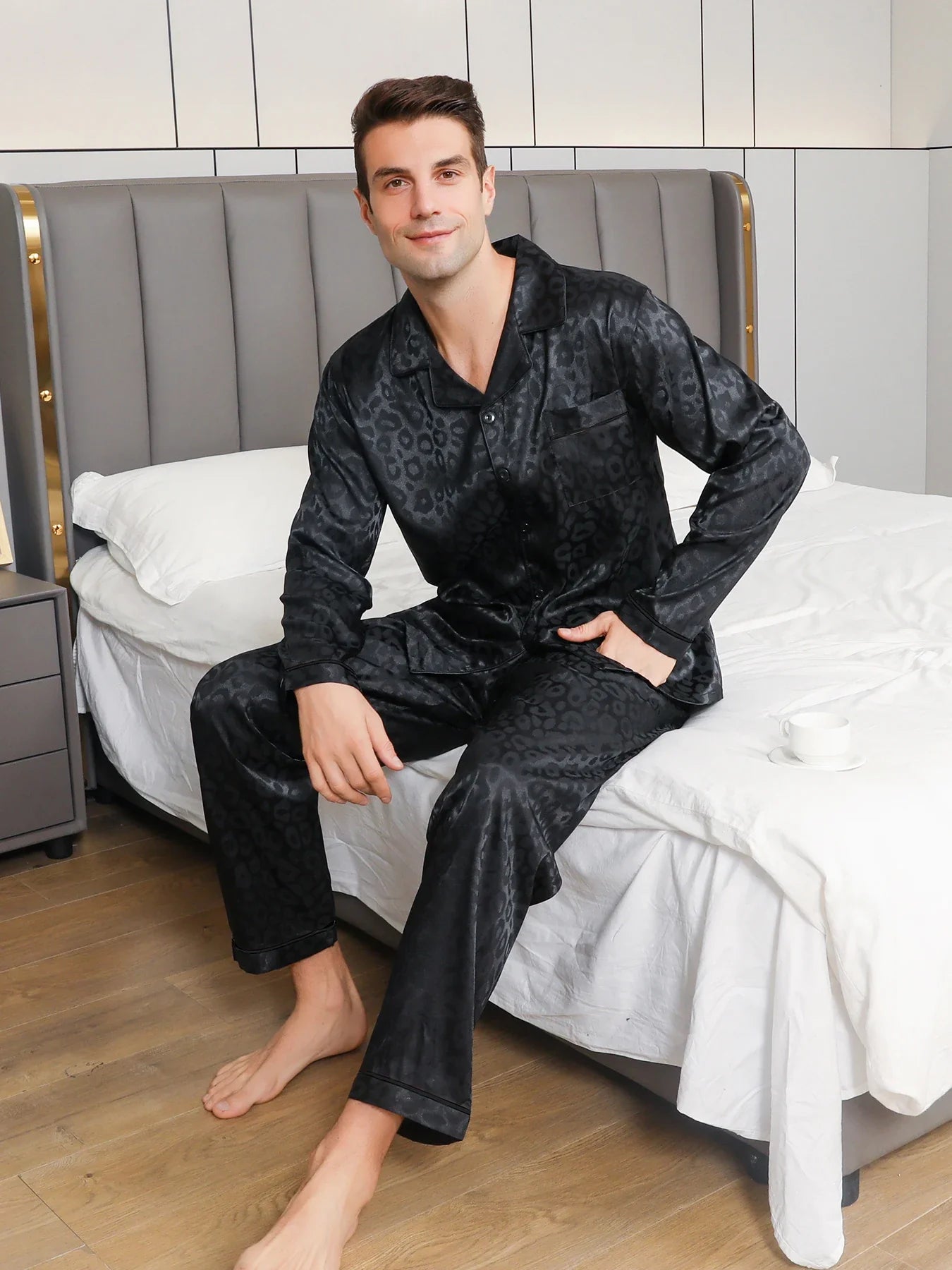Men's Leopard Jacquard Pajama Set – Notch Collar Button Front Nightwear