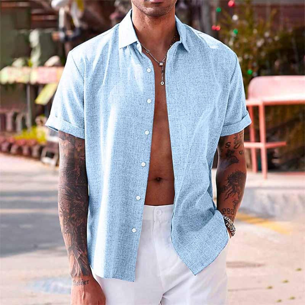 Men's Linen Shirt – Short Sleeve Button Up Spread Collar Summer Casual
