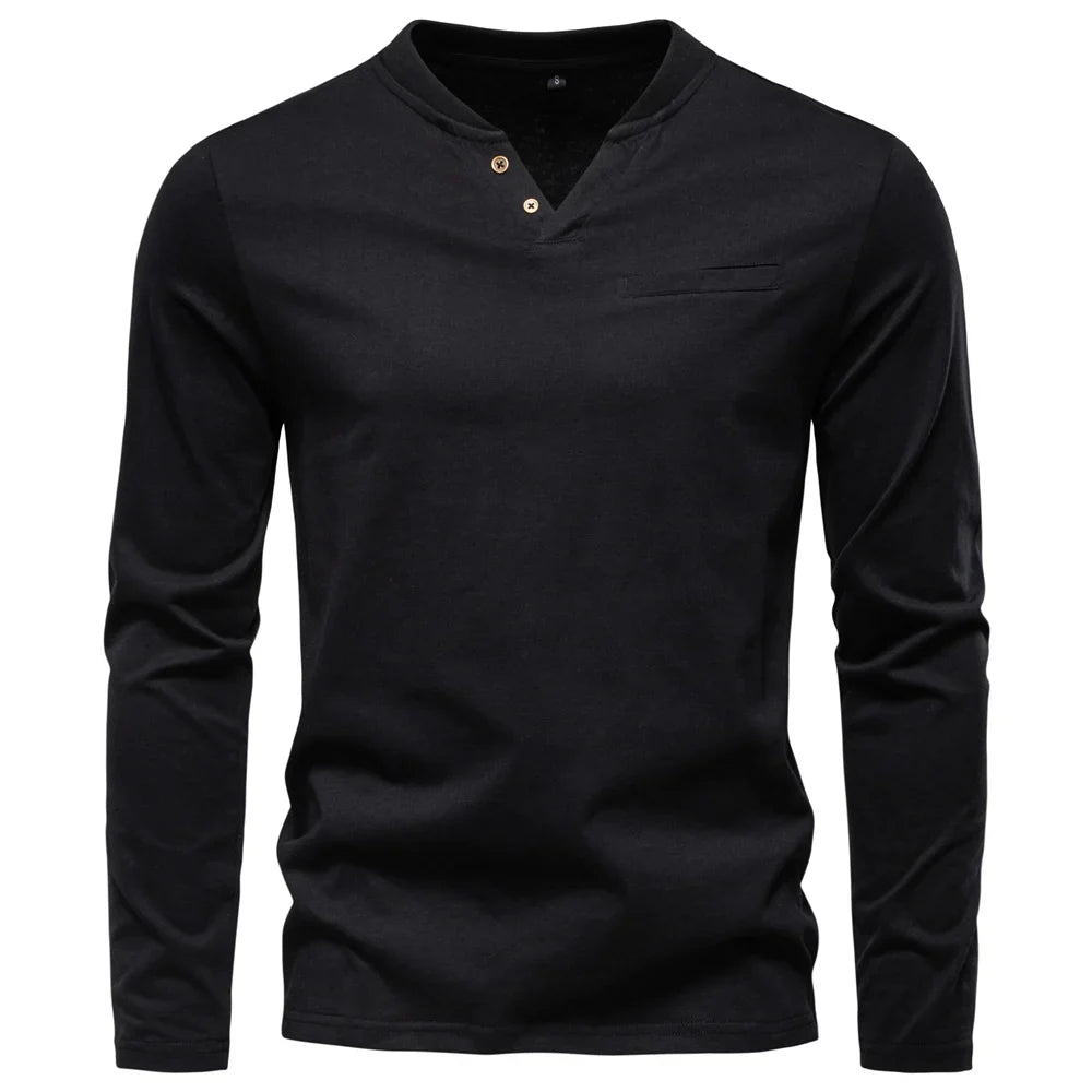 Men's Long Sleeve Henley T-Shirt – Button V Neck Chest Pocket Everyday