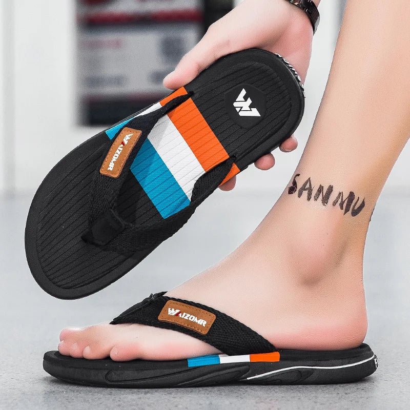 Men's Open Toe Striped Flip Flops – Textured Strap Thong Beach Summer Sandals