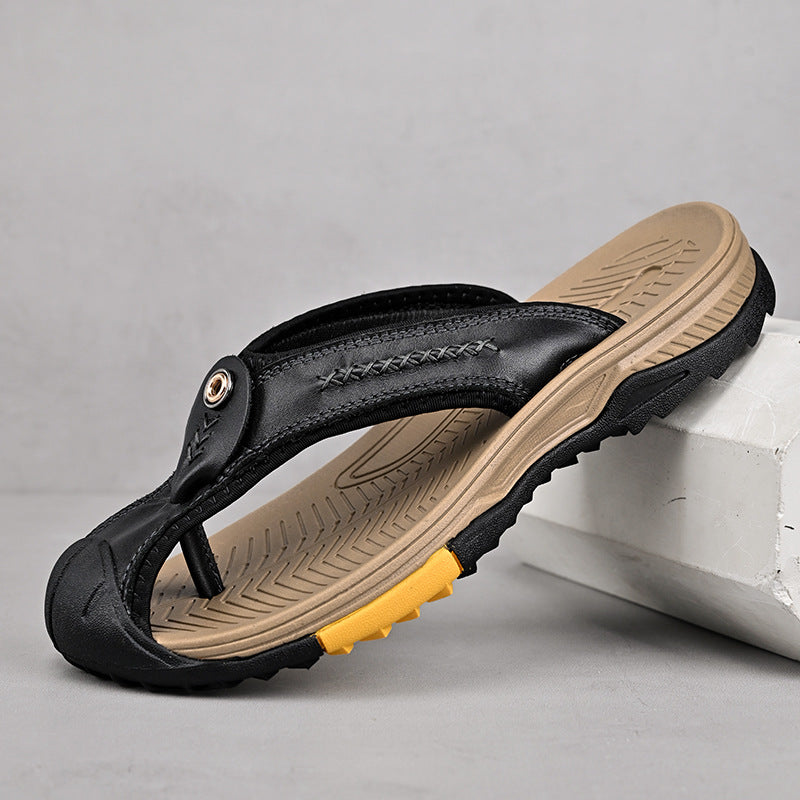 Men's Open Toe Y-Strap Flip Flops – Stitch Detail Chunky Sole Outdoor Casual