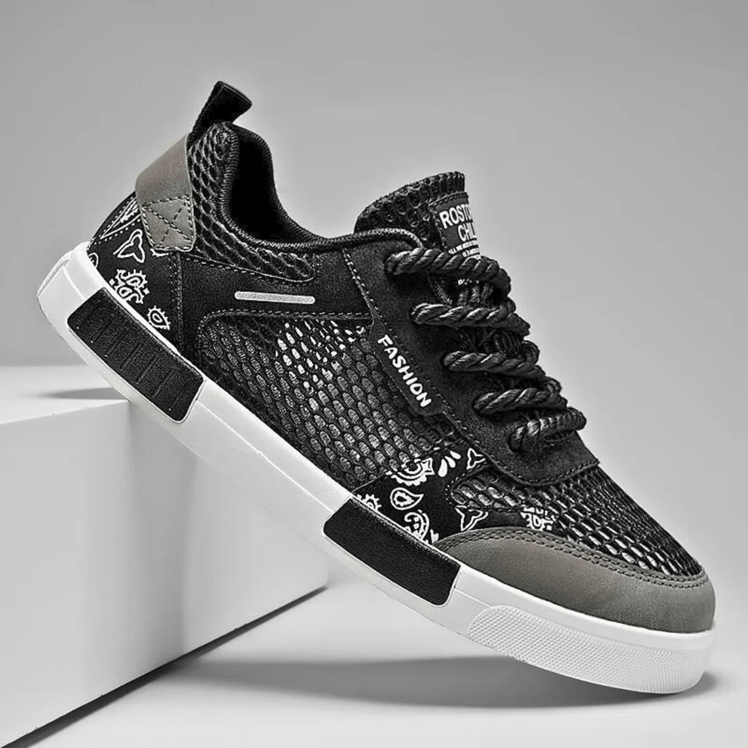 Men's Paisley Print Low Top Sneakers – Mesh Panel Lace Up Casual Skate Shoes