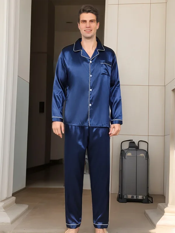 Men's Pajama Set – Notch Collar Button Front Contrast Piping Nightwear