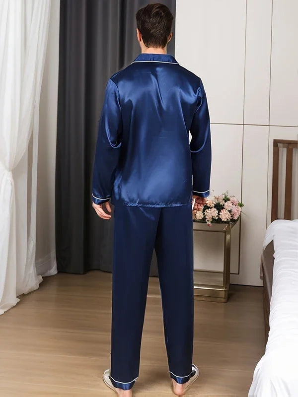 Men's Pajama Set – Notch Collar Button Front Contrast Piping Nightwear