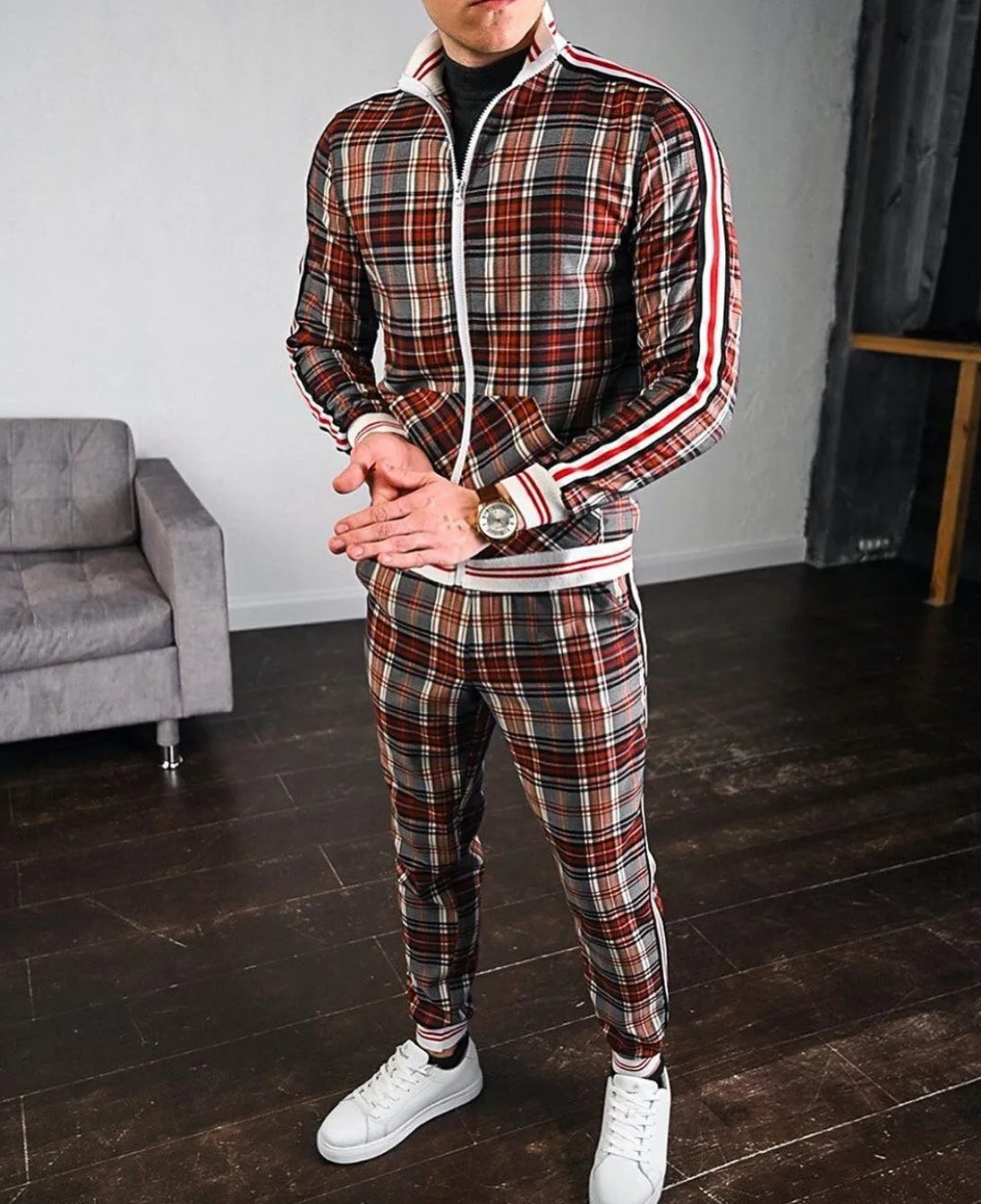 Men's Plaid 2-Piece Tracksuit – Stand Collar Zip Up Side Stripe Jogger Set