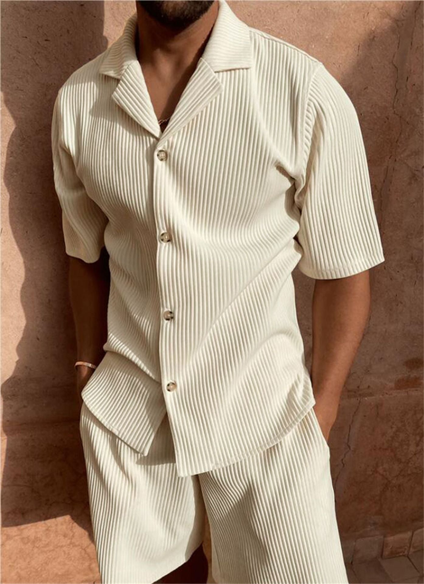 Men's Pleated Texture 2 Piece Set – Button Front Shirt Shorts Casual Summer