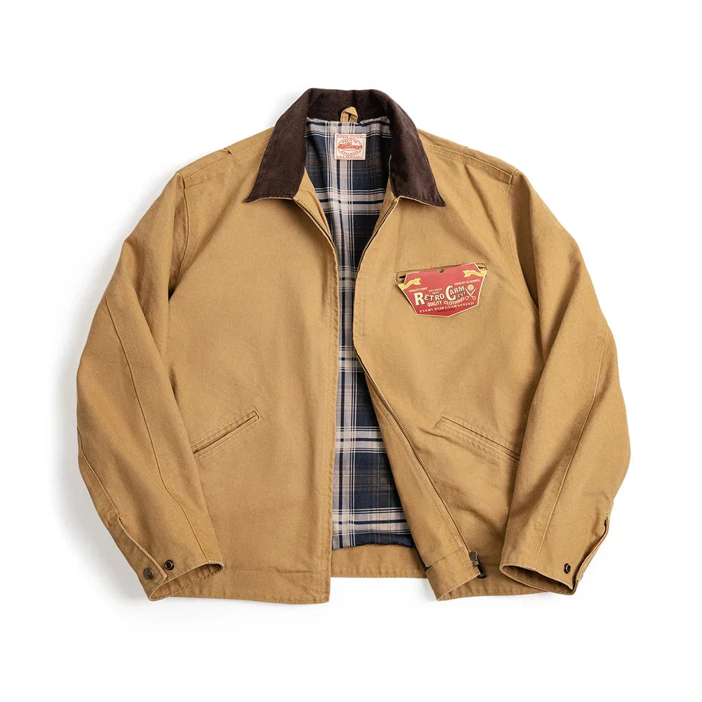 Men's Retro Canvas Jacket – Plaid Lined Corduroy Collar Zip Front Workwear