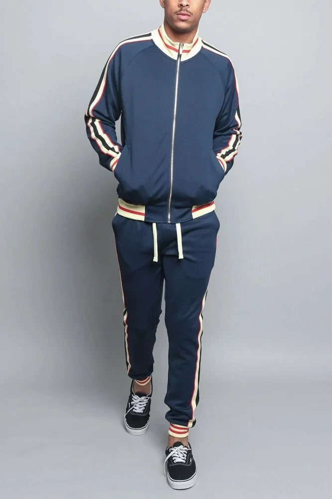 Men's Retro Stripe 2-Piece Tracksuit – Bomber Collar Zip Up Jogger Set