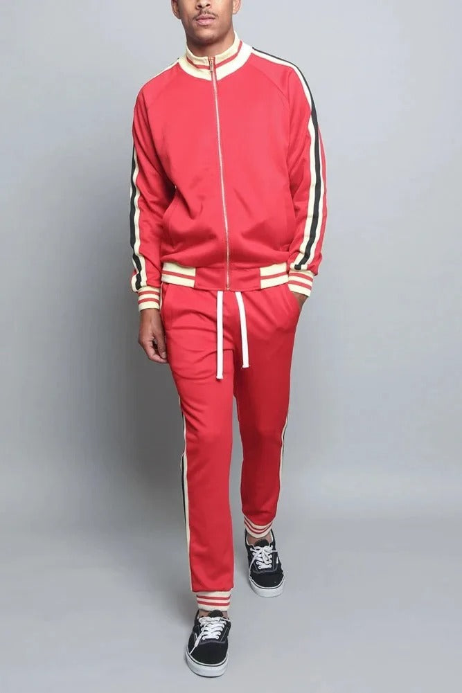 Men's Retro Stripe 2-Piece Tracksuit – Bomber Collar Zip Up Jogger Set