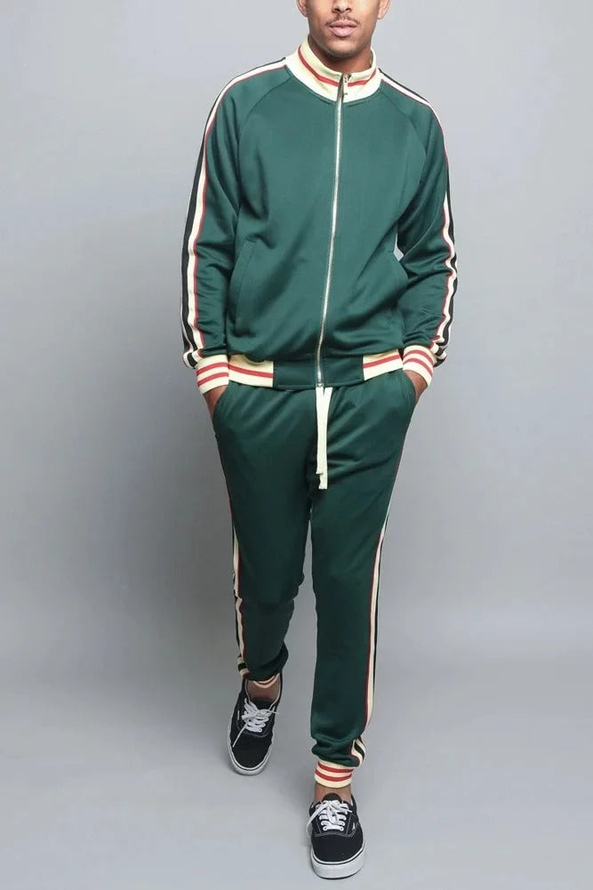 Men's Retro Stripe 2-Piece Tracksuit – Bomber Collar Zip Up Jogger Set