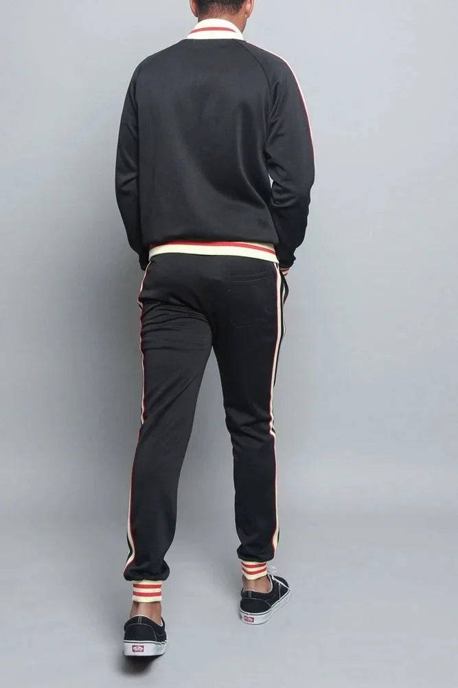 Men's Retro Stripe 2-Piece Tracksuit – Bomber Collar Zip Up Jogger Set