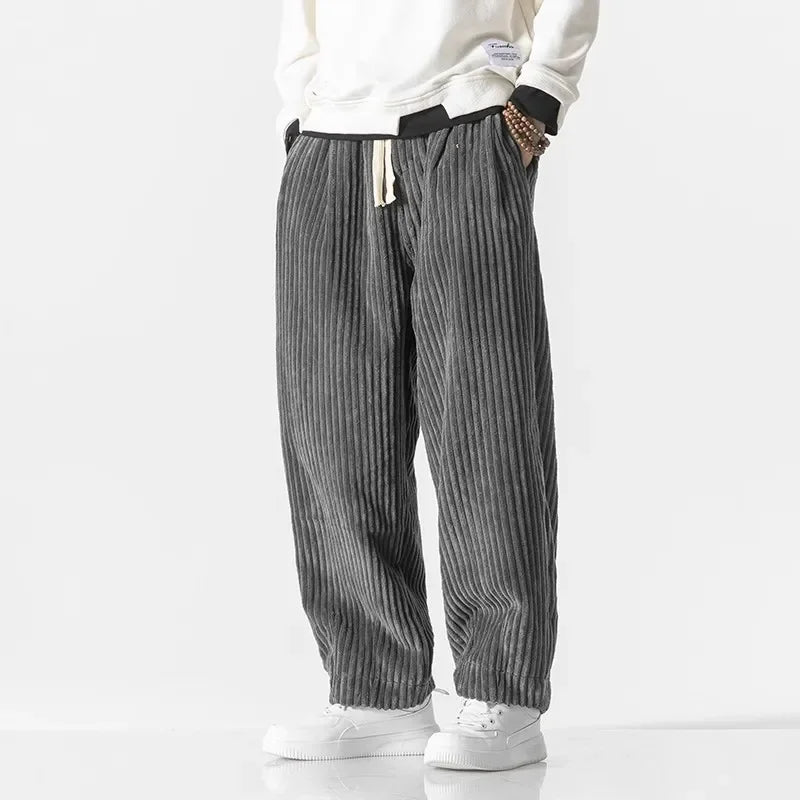 Men's Ribbed Corduroy Lounge Pants – Drawstring Wide Leg Casual Winter